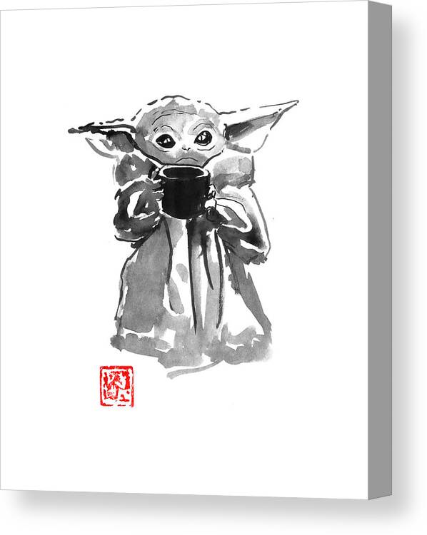 Baby Yoda Canvas Print featuring the drawing Baby Yoda Face by Pechane Sumie