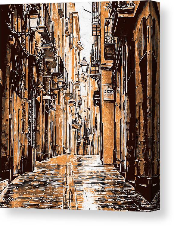 Barcelona Canvas Print featuring the painting Barcelona, Gothic Quarter - 10 by AM FineArtPrints