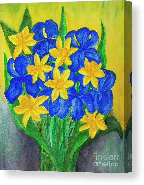 Flower Canvas Print featuring the painting Blue irises and yellow daffodiles by Irina Afonskaya
