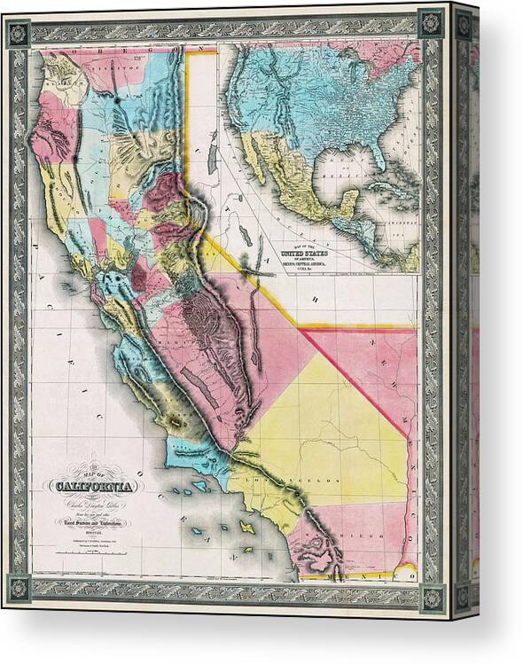 California Canvas Print featuring the photograph California Antique Vintage Map 1852 by Carol Japp