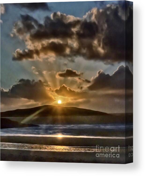 Dramatic Sunset Blue Yellow Round Sun Rays Glen Water Sea Mountain Beautiful Magnificent Stunning Serenity Solitary Nature Powerful Clouds Sky Shining Scotland Harris Highlands Mountains Setting Landscape Panorama Panoramic Breathtaking Spectacular Exciting Mindfulness Relaxing Artistic Unwinding Stylish Exceptional Singular Memorable Phenomenal Eccentric Awesome Electrifying Stimulating Intoxicating Sensational Thrilling Splendid Atmospheric Aesthetic Charming Outer Hebrides Fantastic Magical Canvas Print featuring the photograph Dramatic sunset at sea and mountains by Tatiana Bogracheva