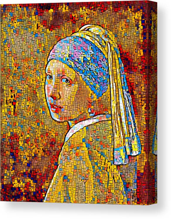 Girl With A Pearl Earring Canvas Print featuring the digital art Girl with a Pearl Earring by Johannes Vermeer, in the style of Piet Mondrian Composition by Nicko Prints