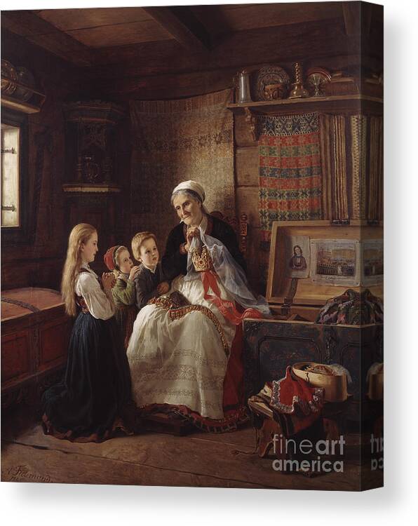 Adolph Tidemand Canvas Print featuring the painting Grandmothers wedding crown, 1865 by O Vaering by Adolph Tidemand