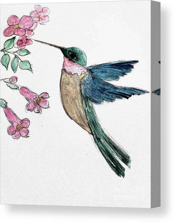 Hummingbird Joy Canvas Print featuring the painting Visit from Hummingbird by Margaret Welsh Willowsilk