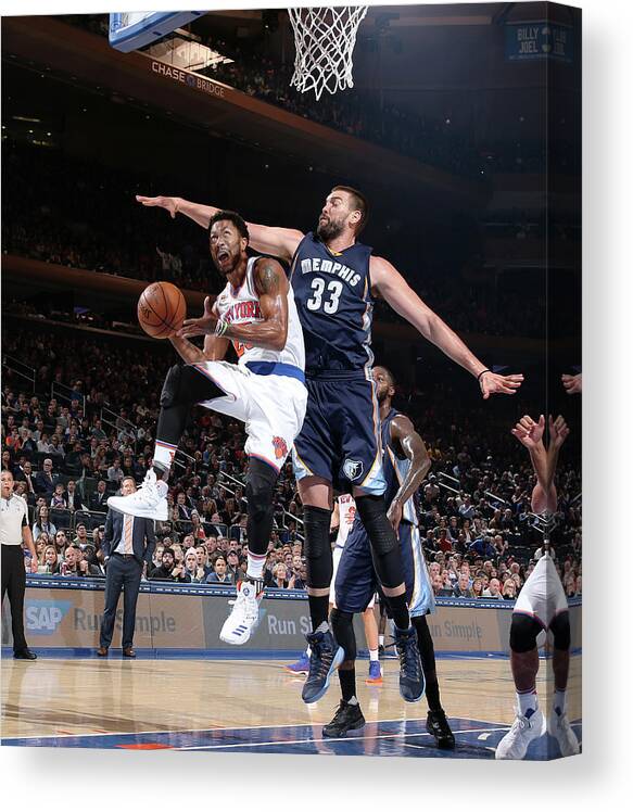 Derrick Rose Canvas Print featuring the photograph Marc Gasol and Derrick Rose by Nathaniel S. Butler
