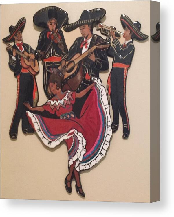 Mariachi Musicians Canvas Print featuring the mixed media Mariachis and Folklorico Dancer by Bill Manson