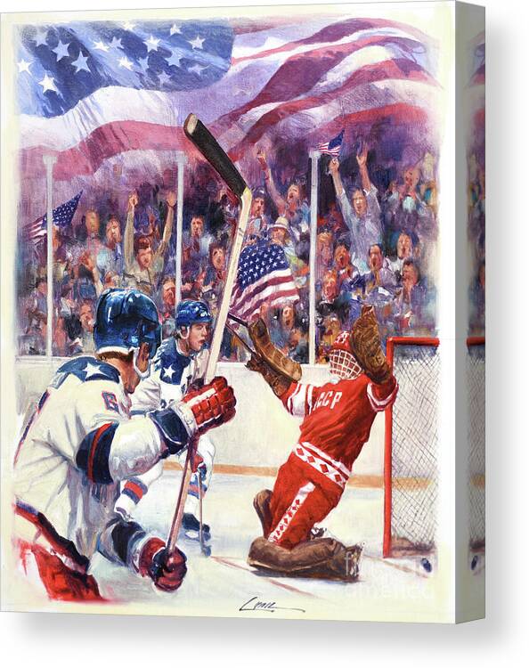 Dennis Lyall Canvas Print featuring the painting Miracle On Ice - USA Olympic Hockey Wins Over USSR by Dennis Lyall
