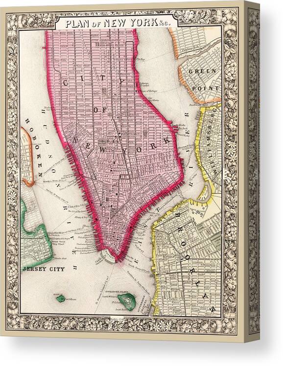 New York Canvas Print featuring the photograph New York City Map 1863 by Phil Cardamone