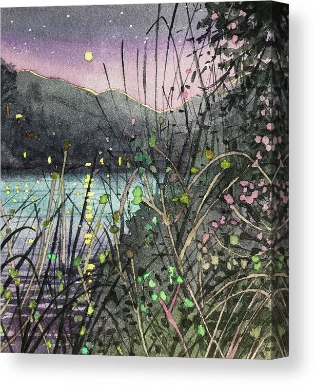 Maliboulake Canvas Print featuring the painting Nightfall on the lake. by Luisa Millicent