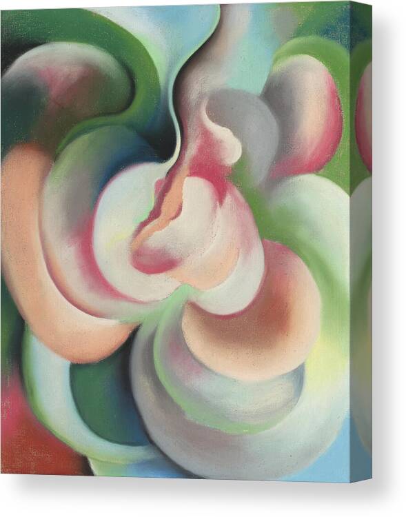 Georgia O'keeffe Canvas Print featuring the painting Pink and green - Colorful modernist abstract painting by Georgia O'Keeffe