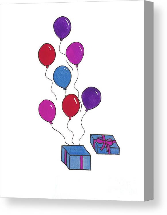 Birthday Canvas Print featuring the mixed media Present and Balloons by Lisa Neuman