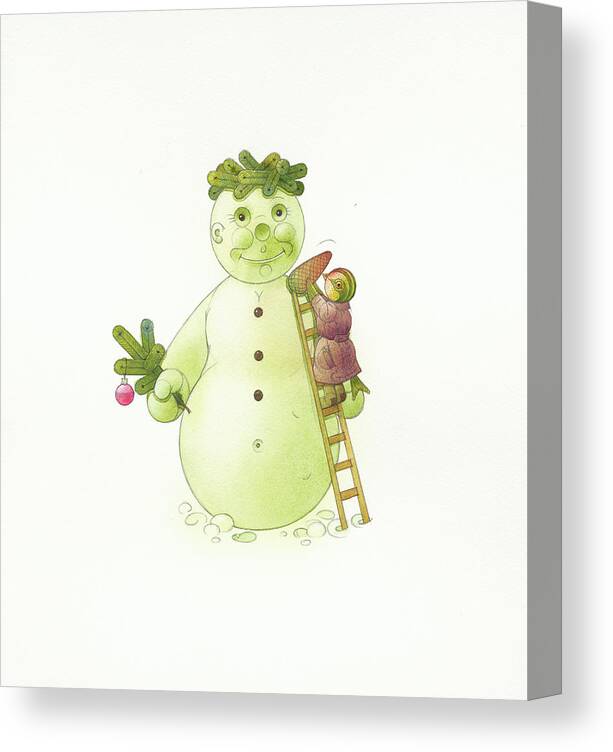 Snowman Winter Snow Bird Christmas Holydays Canvas Print featuring the drawing Snowman and bird by Kestutis Kasparavicius