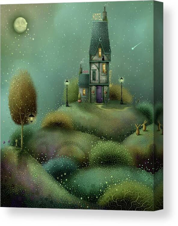 Hotel Canvas Print featuring the painting The Sleepy Moon Hotel by Joe Gilronan