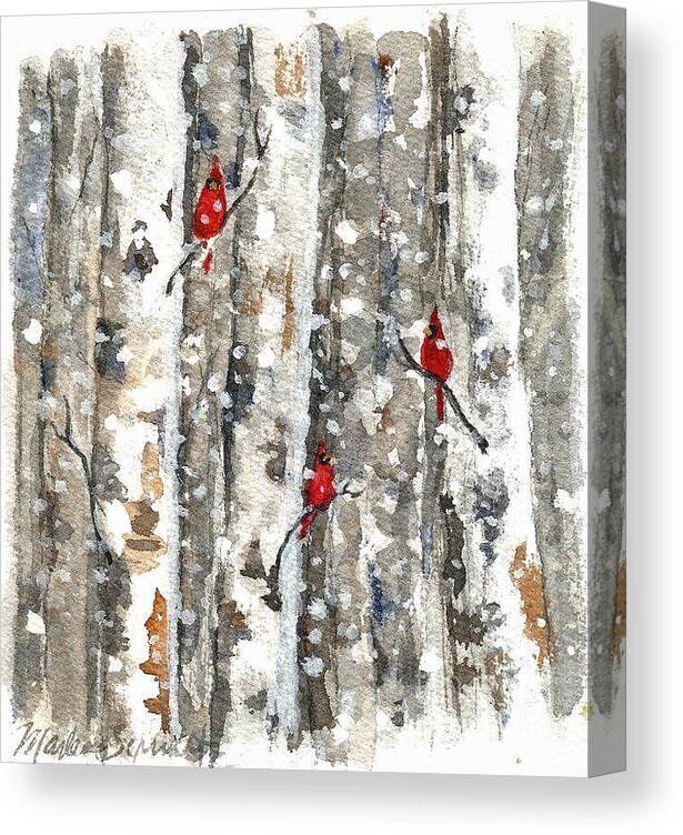 Cardinals Canvas Print featuring the painting Woodland Cardilals by Marlene Schwartz Massey