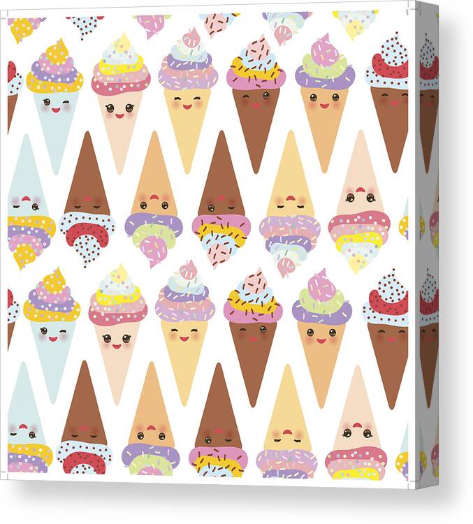 Seamless Pattern Kawaii Funny Ice Cream Waffle Cone Muzzle With Pink Cheeks And Winking Eyes Pastel Colors On White Background Vector Canvas Print