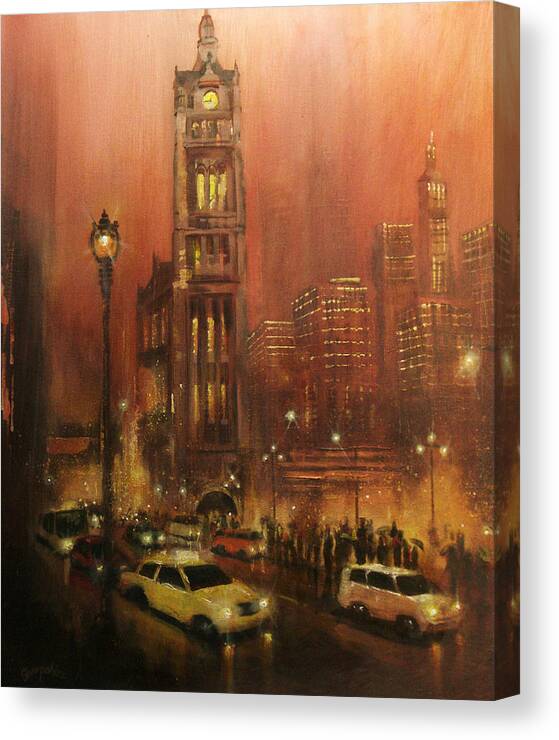 City At Night Canvas Print featuring the painting Milwaukee City Hall by Tom Shropshire