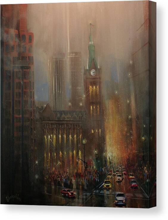 City At Night Canvas Print featuring the painting Milwaukee Rain by Tom Shropshire