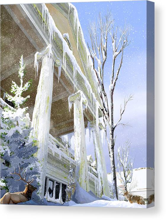Landscape; Winter; Nature; Wildlife; Birds; Yellowstone National Park; Lake Hotel Canvas Print featuring the painting After Humans Lake Winter Sunshine by Pam Little