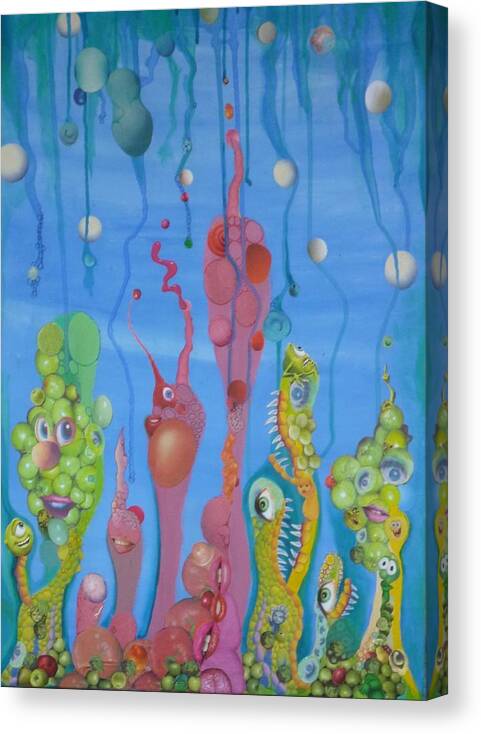 Bizarre Strange Weird Surreal Fantasy Quirky Biomorphic Organic Collage Quirky Whimsical Canvas Print featuring the mixed media Bizarro GardenScape by Douglas Fromm