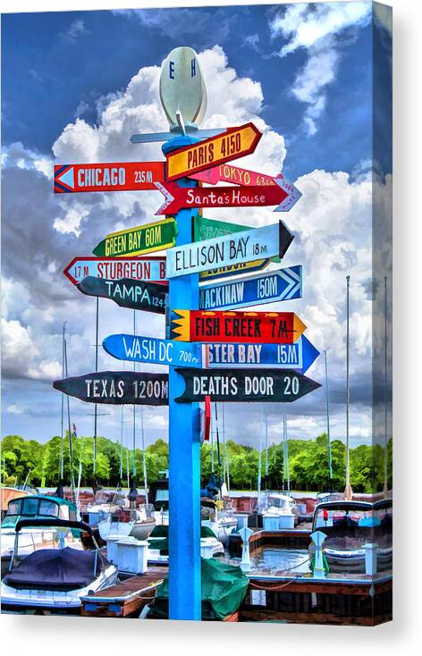 Door County Canvas Print featuring the painting Door County Directional Sign in Egg Harbor by Christopher Arndt