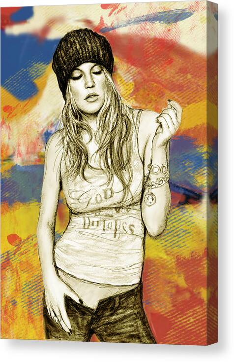 Art Drawing Sharcoal.ketch Portrait Canvas Print featuring the drawing Fergie - stylised drawing art poster by Kim Wang