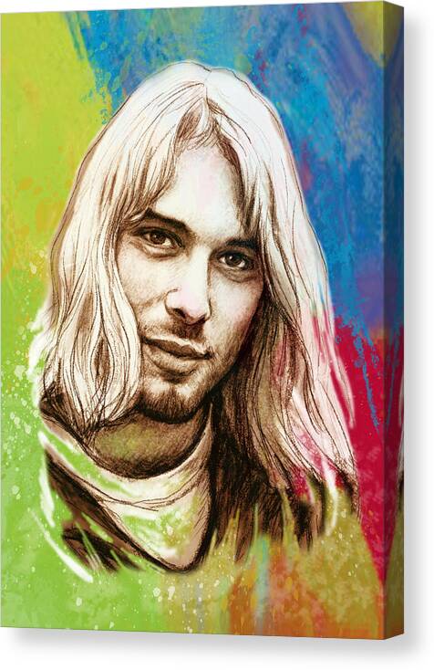 Kurt Cobain Art Drawing Sketch Portrait Canvas Print featuring the drawing Kurt Cobain Stylised Pop Morden Art Drawing Sketch Portrait by Kim Wang