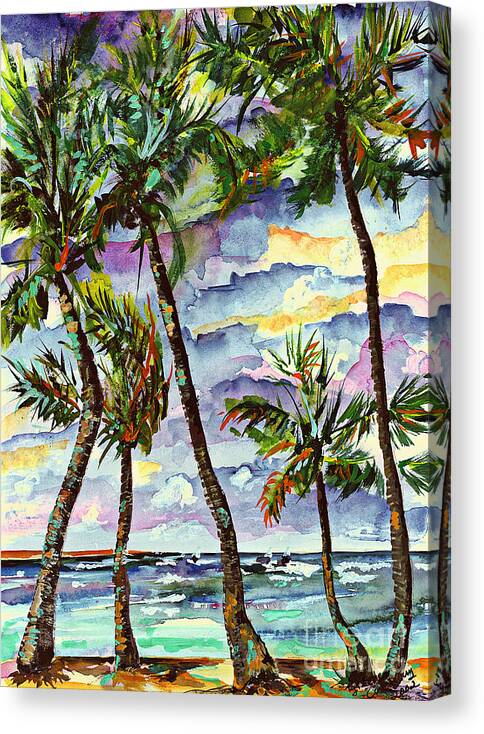 Bahamas Canvas Print featuring the painting Beach and Palms Tropical Watercolor Painting by Ginette Callaway