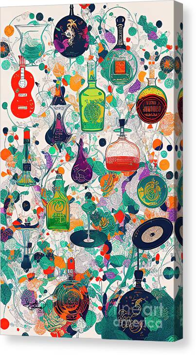 Music City Vinyl Records Canvas Print featuring the digital art Abstract Bottles Music Bar Beverages Contemporary Art by Ginette Callaway