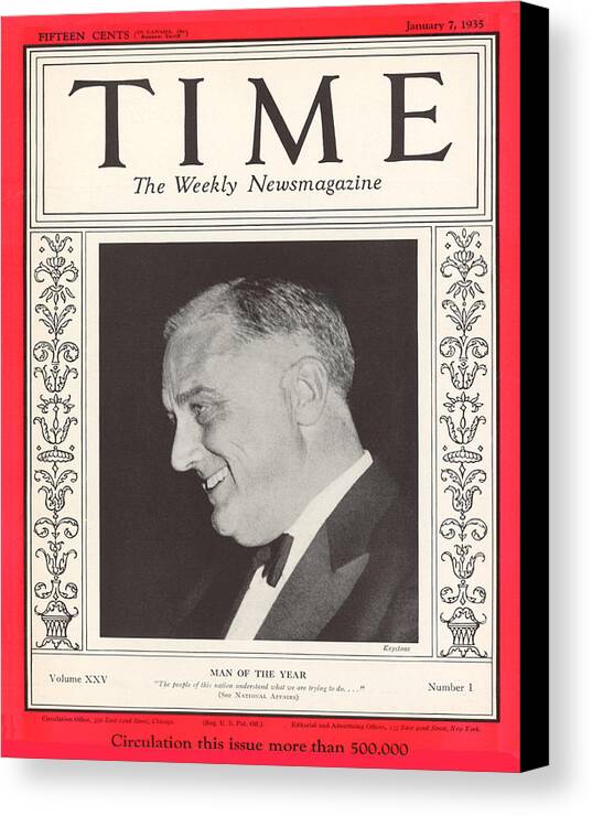 Franklin D. Roosevelt Canvas Print featuring the photograph Franklin D. Roosevelt - Man of the Year 1935 by Keystone