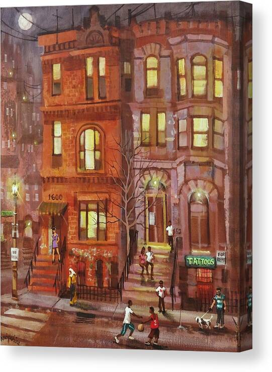  Brownstone Canvas Print featuring the painting Moon Over Third Street by Tom Shropshire