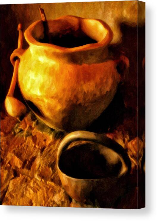 Pots Canvas Print featuring the painting Old Pot and Ladle by Michael Pickett
