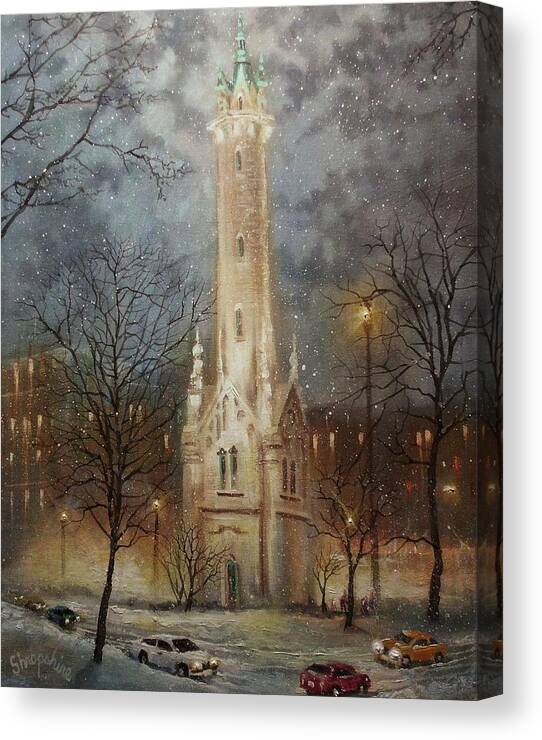 City At Night Canvas Print featuring the painting Old Water Tower Milwaukee by Tom Shropshire