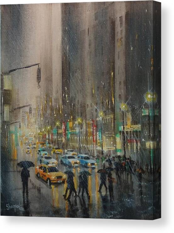 City Canvas Print featuring the painting Rainy Days and Mondays by Tom Shropshire