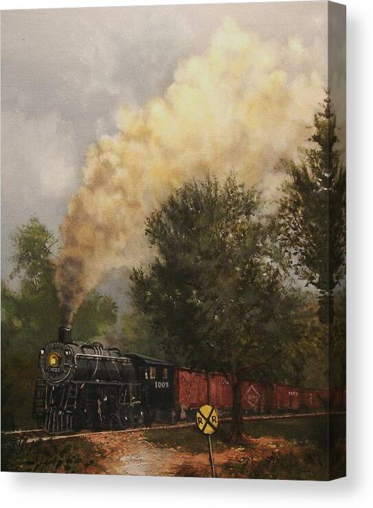 Original Art Canvas Print featuring the painting Train Crossing Soo Line 1003 by Tom Shropshire
