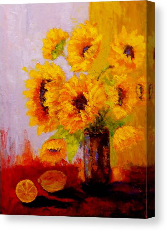 Sunflowers/lemons Light Bouquet/gold /red Lavender Canvas Print featuring the painting A Day of Sushine by Marie Hamby
