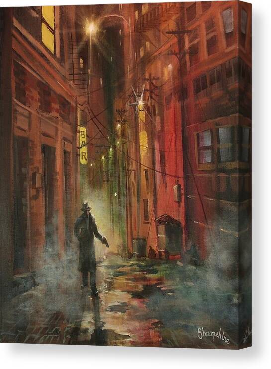 Art Noir Canvas Print featuring the painting Back Alley Justice by Tom Shropshire