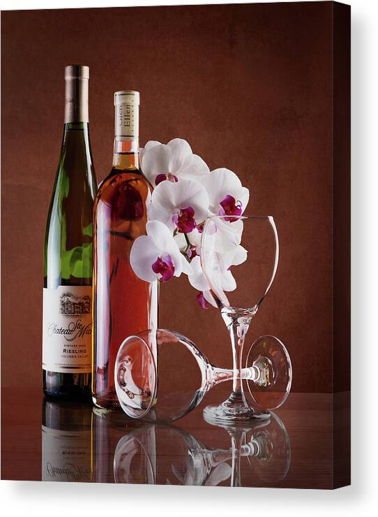 Alcohol Canvas Print featuring the photograph Wine and Orchids Still Life #1 by Tom Mc Nemar