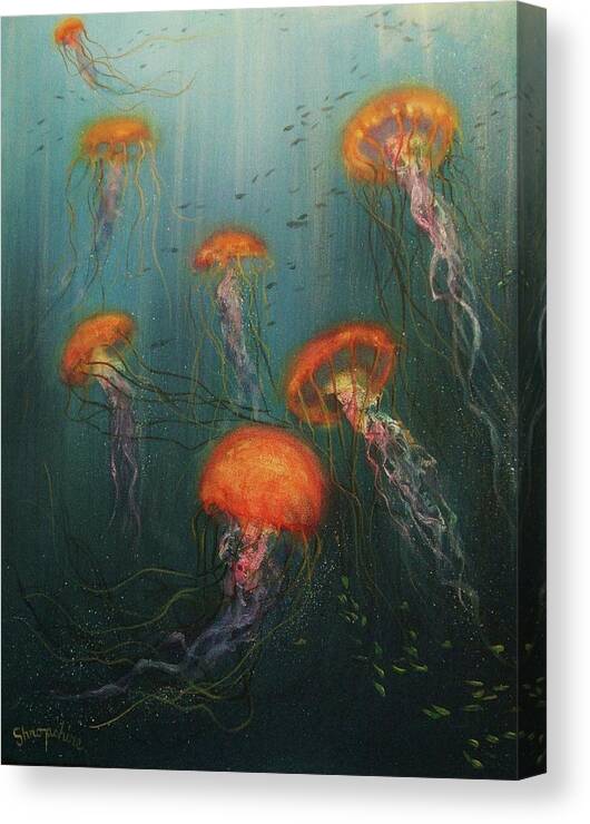 Jellies Canvas Print featuring the painting Dance of the Jellyfish by Tom Shropshire
