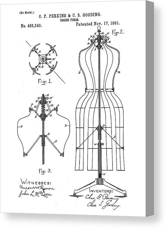 Tailor Canvas Print featuring the digital art Dress Form Patent 1891 by Bill Cannon