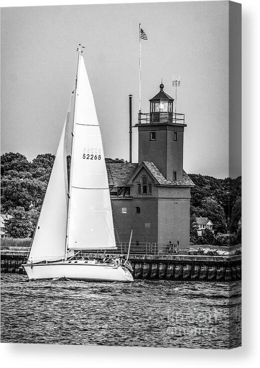 Holland Canvas Print featuring the photograph Evening Sail At Holland Light - BW by Nick Zelinsky Jr