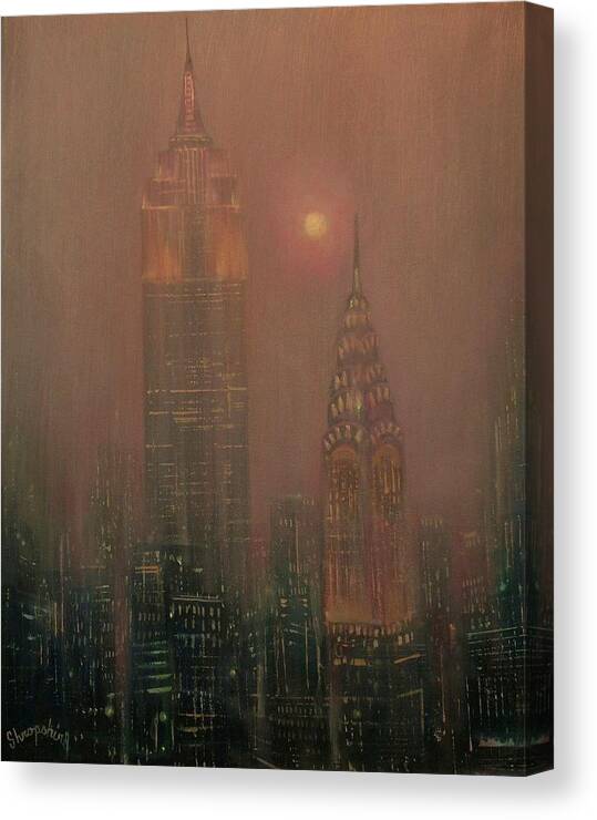 Chrysler Building Canvas Print featuring the painting Giants in the Mist by Tom Shropshire