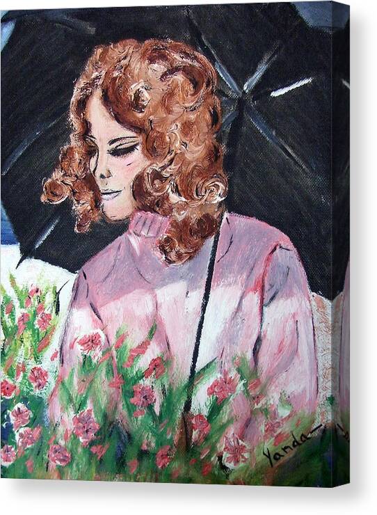 Katt Yanda Original Art Oil Painting Girl Under Umbrella Flower Garden Canvas Print featuring the painting Girl with Umbrella by Katt Yanda