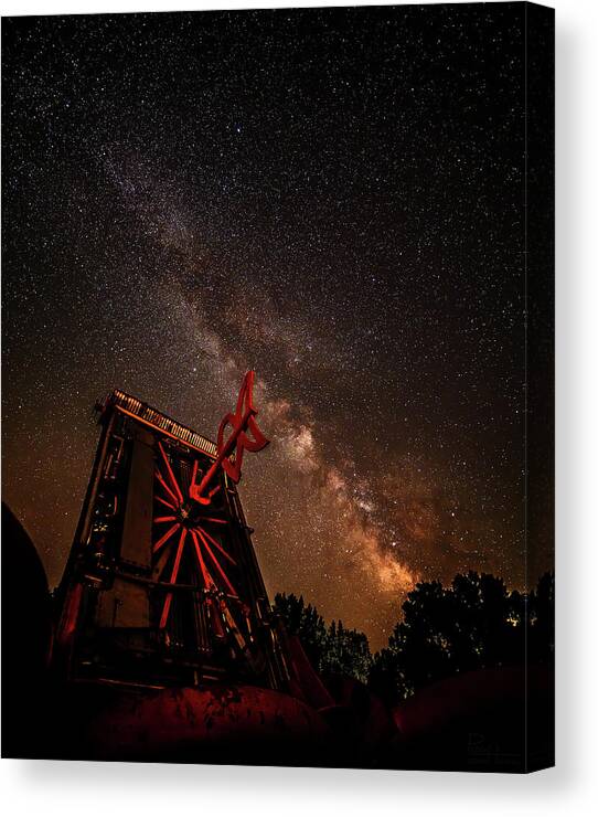 Milky Way Starscape Astroscape Vertical Dr. Evermore Sculpture Night Stars Canvas Print featuring the photograph Milky Way Mainspring by Peter Herman