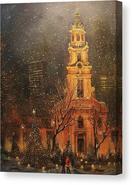 Cathedral Square Canvas Print featuring the painting Snowfall in Cathedral Square - Milwaukee by Tom Shropshire