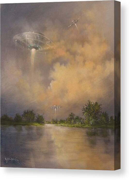 Ufo Canvas Print featuring the painting UFOs Above the Lake by Tom Shropshire