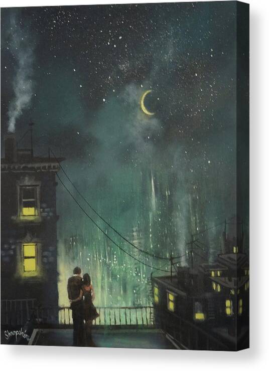Up On The Roof; The Drifters; City Roof; Night City; Moon And Stars; Tom Shropshire Painting; City Lights; Crescent Moon; Couple On The Roof; Urban Landscape; Romance Canvas Print featuring the painting Up On The Roof by Tom Shropshire