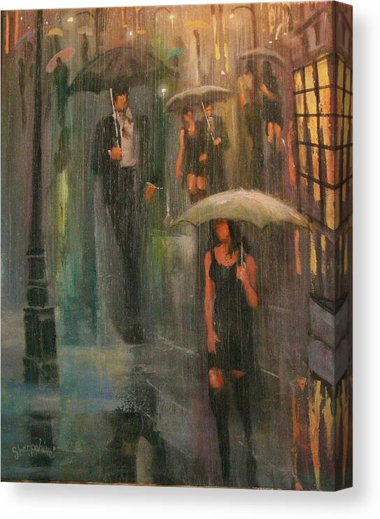  Downpour Canvas Print featuring the painting Walking in the Rain by Tom Shropshire