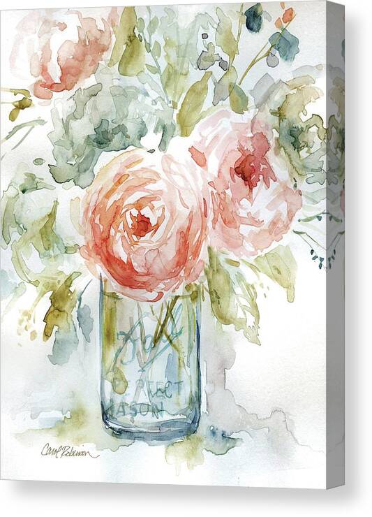 Coral Green Mason Jar Floral Watercolor Bouquet Canvas Print featuring the painting Cabbage Roses 1 by Carol Robinson