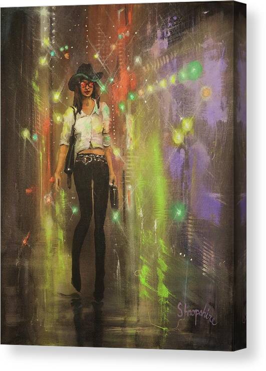 City At Night Canvas Print featuring the painting Urban Cowgirl by Tom Shropshire