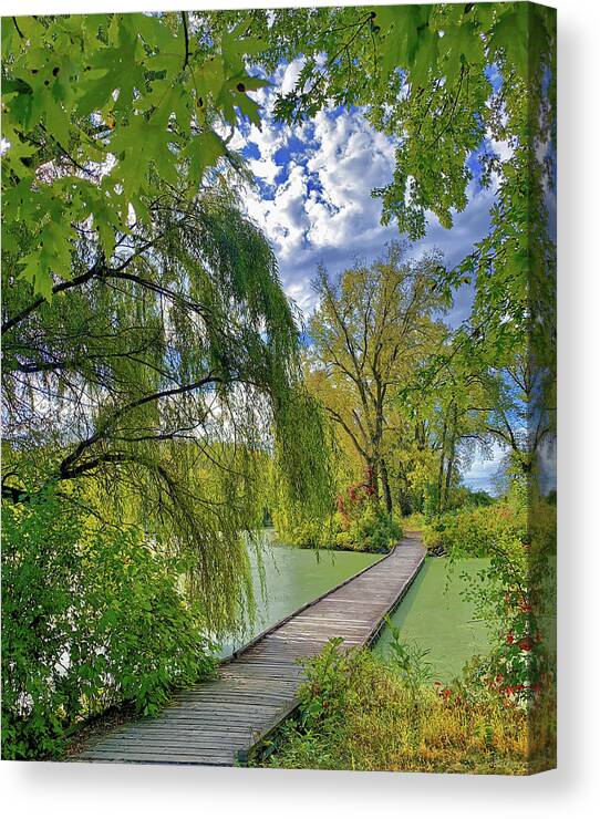 Floating Bridge Canvas Print featuring the photograph Norsk Gangsti - Norwegian footpath - floating bridge in Viking County Park, Stoughton, WI by Peter Herman